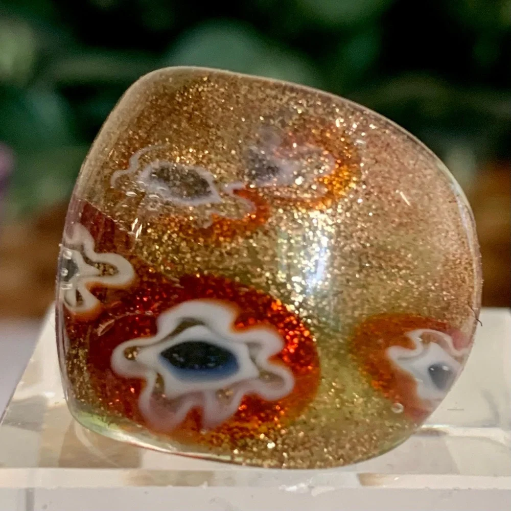 Vintage Murano Style Solid Glass Hand Blown Red Gold Millefiori Dome Ring Size 7